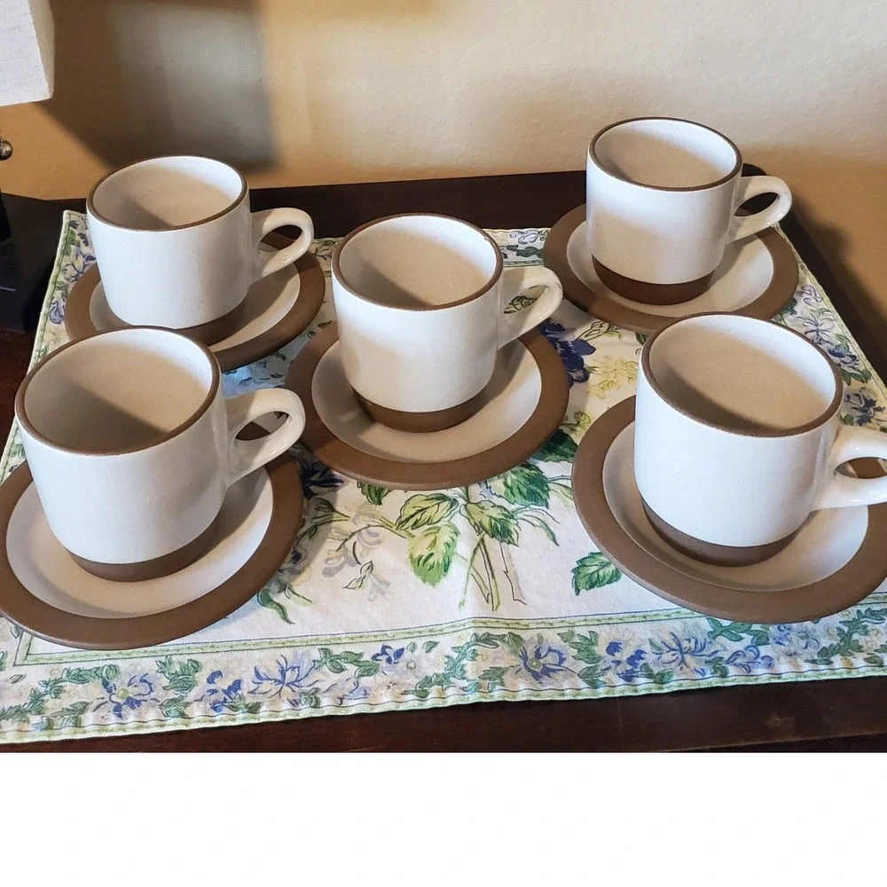 Heath Ceramics Brown White Stoneware Cup and Saucer Set of 5 stackable USA made